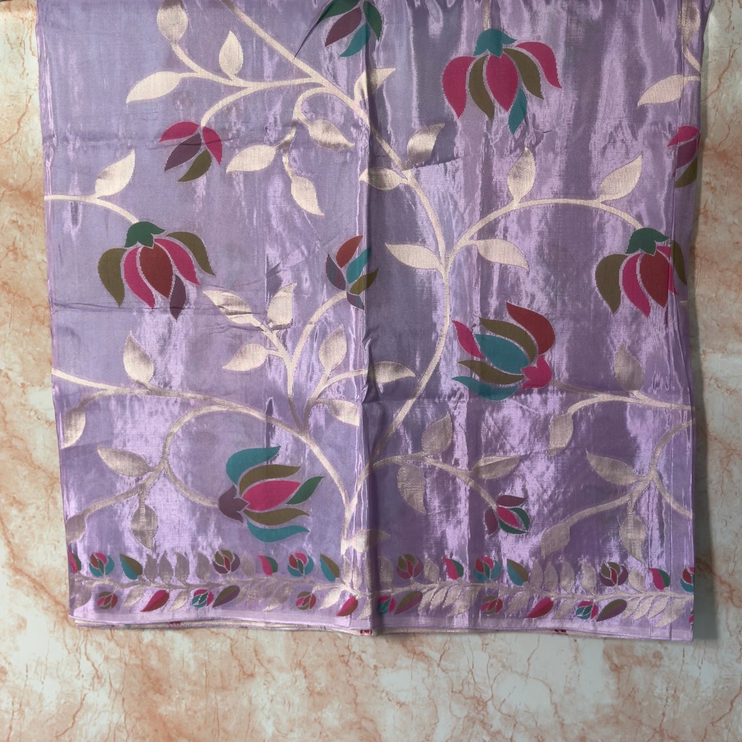 Lavender leaves and floral design Crape Saree