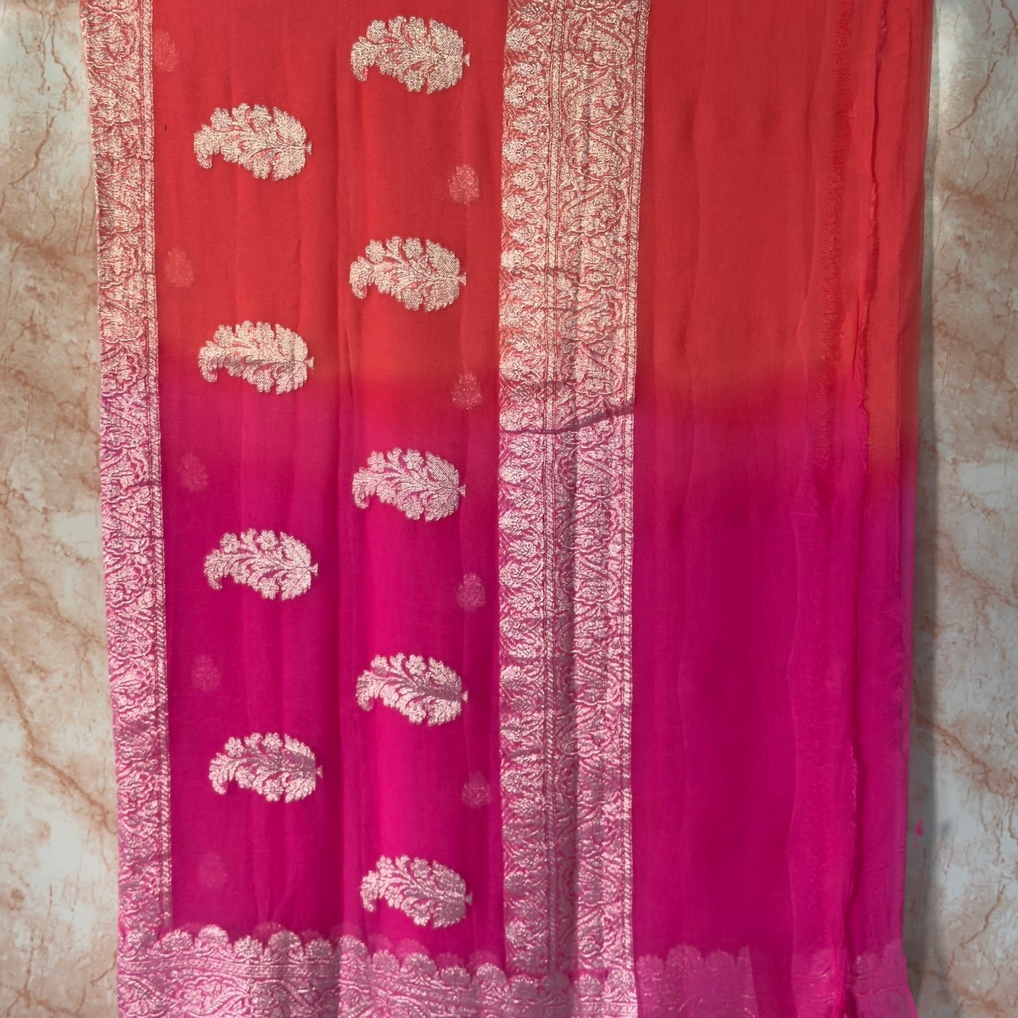 Pink and peach half n half benarasi pure chiffon saree