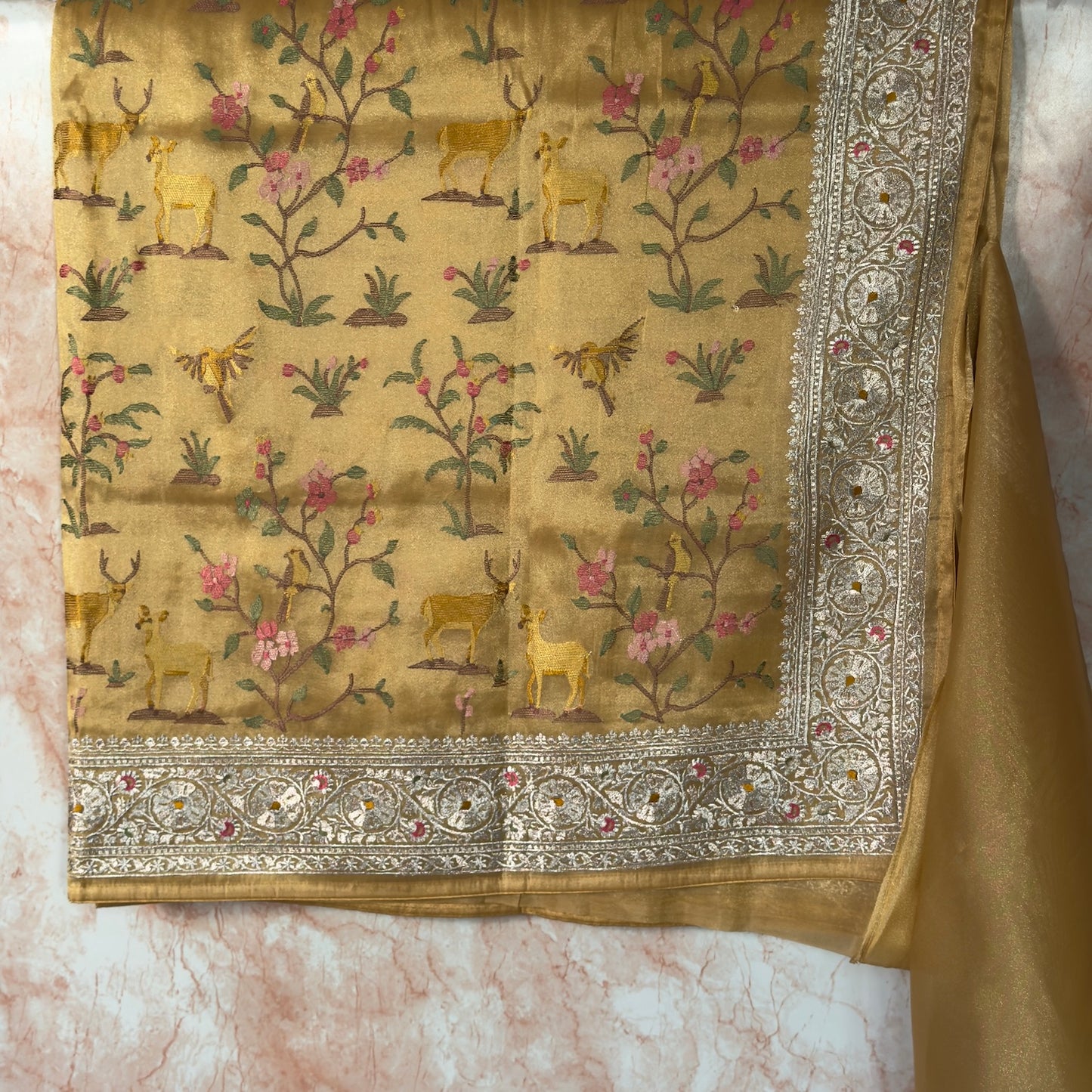 Antique Yellow Deer motifs Tissue Saree with German Silver Border
