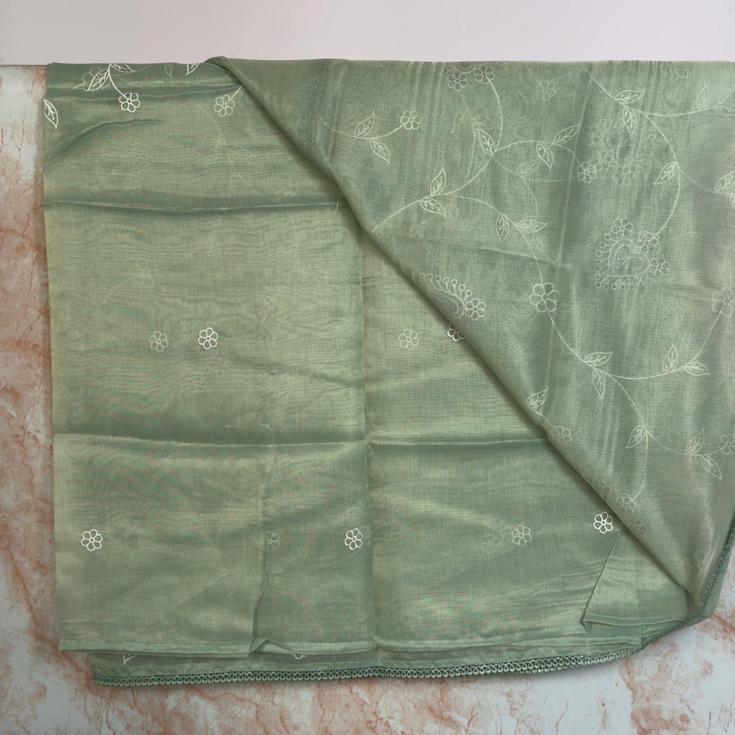 Pastel mint Tissue Embroidered floral motif Saree