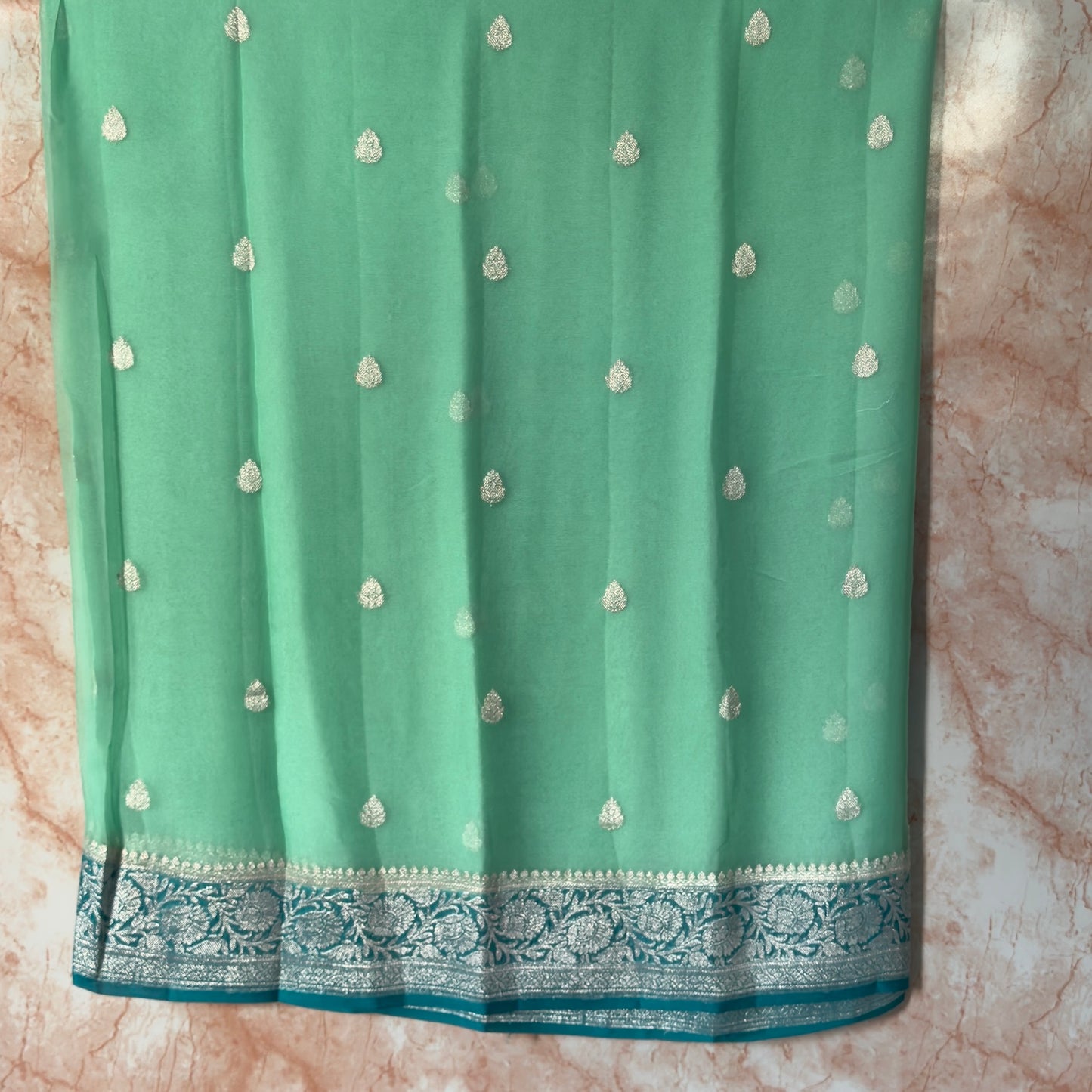 Mint Green with Teal Benarasi pure chiffon saree