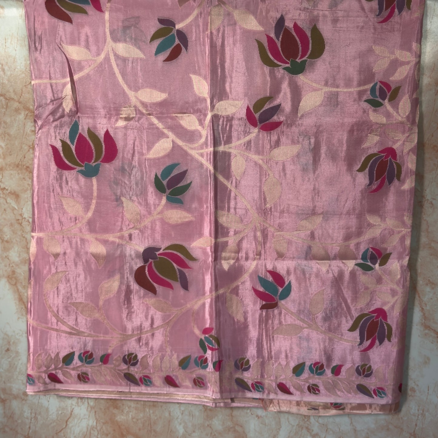 Pastel pink leaves and floral design Crape Saree