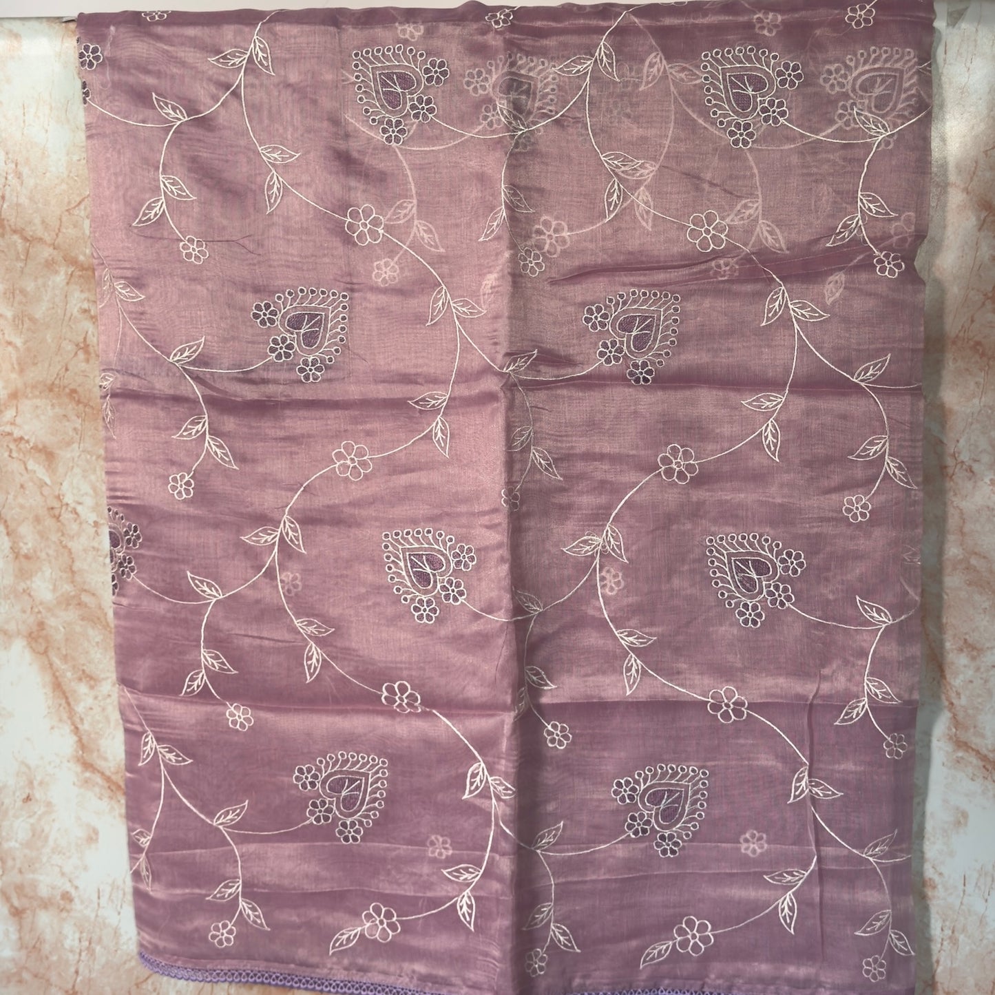 Pastel Pink Tissue Embroidered floral motif Saree