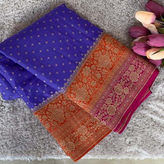 Purple Pink n Orange 3D Banarasi Pure Crape Saree
