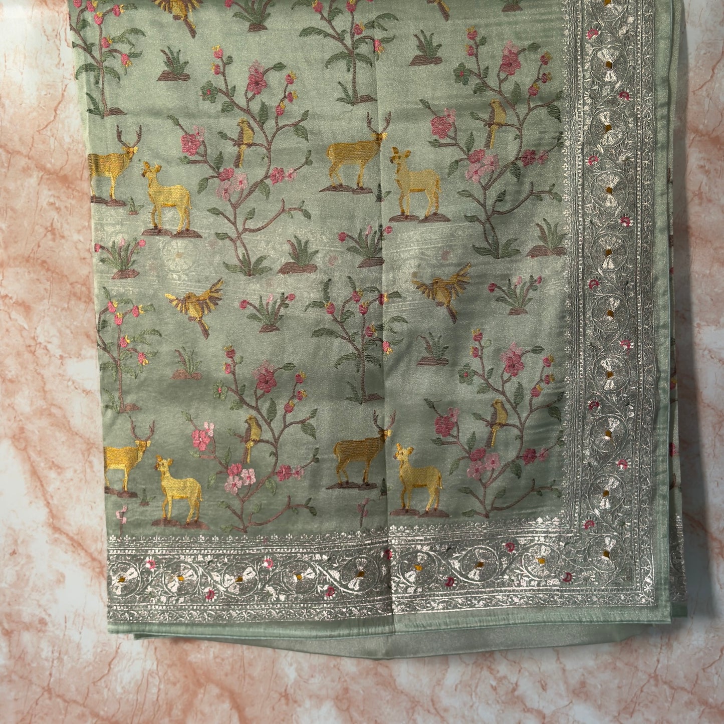 Pastel Mint Deer motifs Tissue Saree with German Silver Border