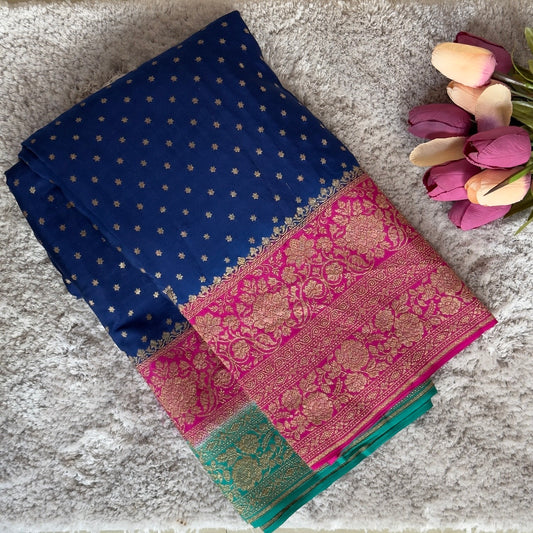 German Blue Pink n Green 3D Banarasi Pure Crape Saree