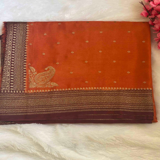 Rust Orange n Brown Banarasi Chiffon Saree