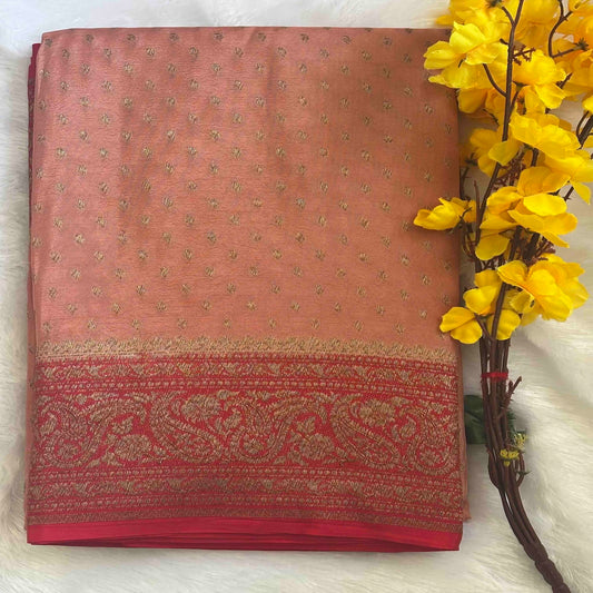 Peach n Red Banarasi Chiffon Saree