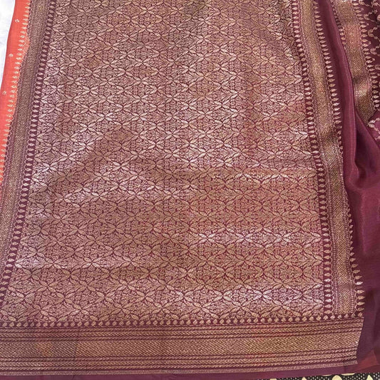Rust Orange n Brown Banarasi Chiffon Saree