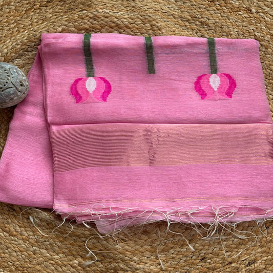 Pink Jamdani Pure Silk Linen Handloom Saree