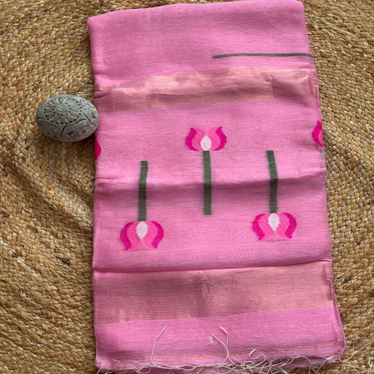 Pink Jamdani Pure Silk Linen Handloom Saree