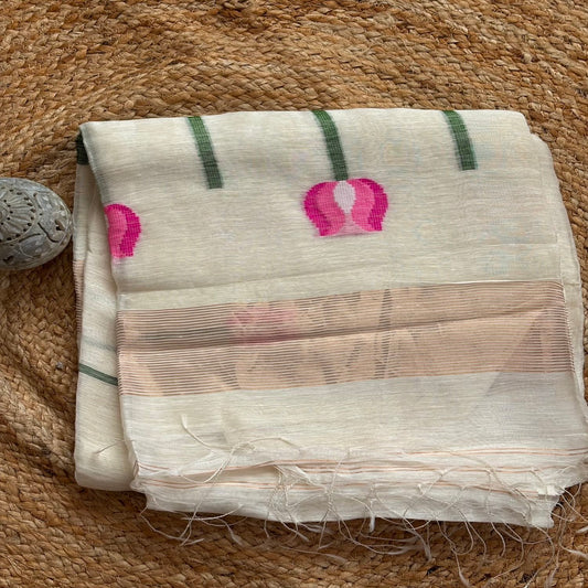 White Jamdani Pure Silk Linen Handloom Saree