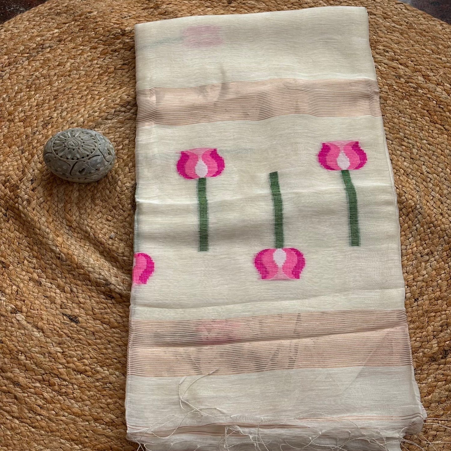 White Jamdani Pure Silk Linen Handloom Saree