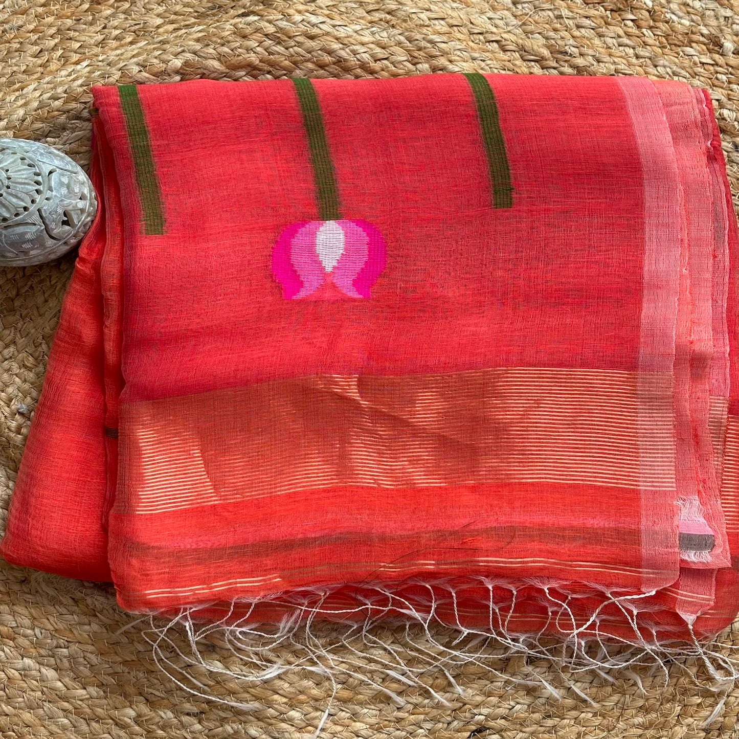 Orange Jamdani Pure Silk Linen Handloom Saree