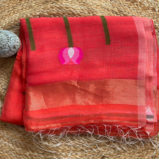 Orange Jamdani Pure Silk Linen Handloom Saree