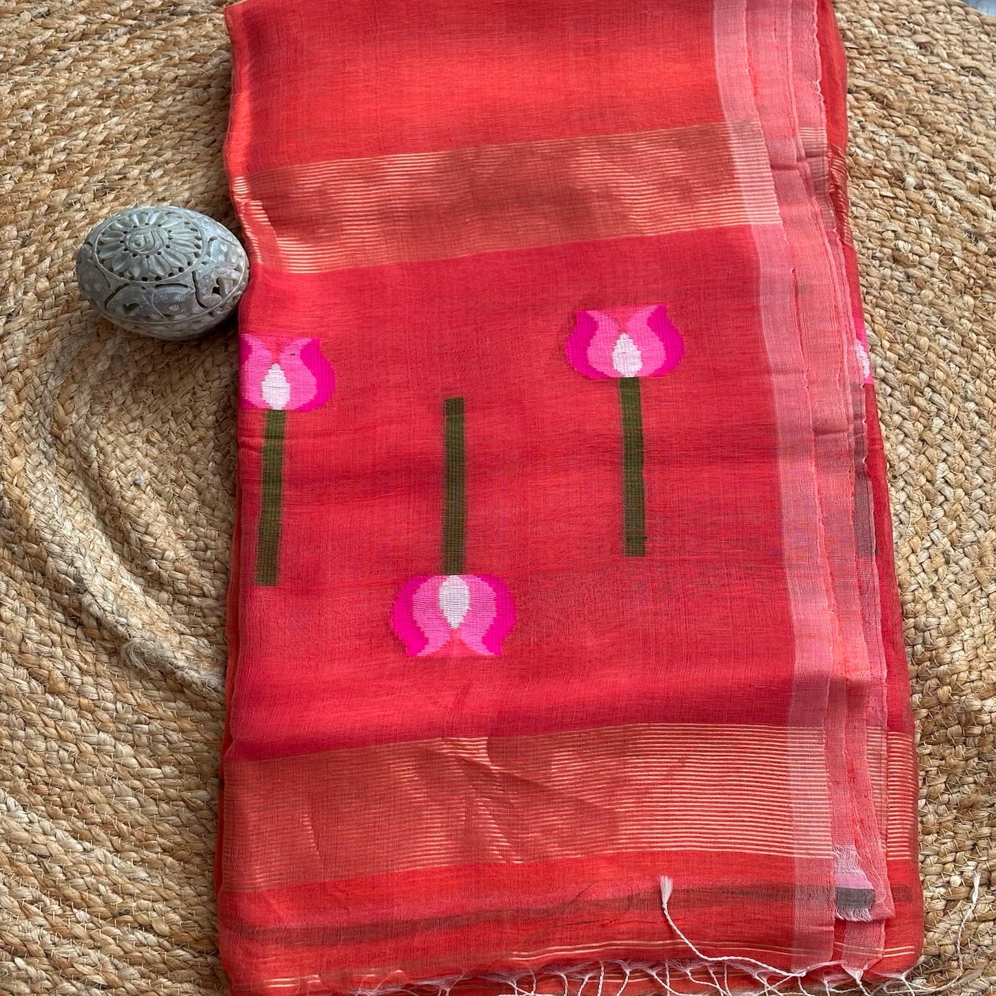 Orange Jamdani Pure Silk Linen Handloom Saree