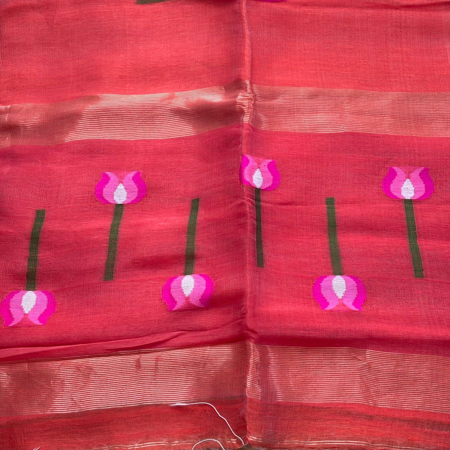 Orange Jamdani Pure Silk Linen Handloom Saree