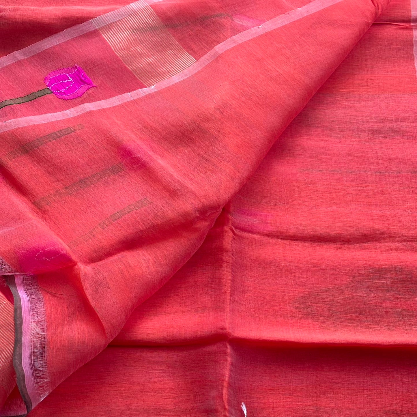 Orange Jamdani Pure Silk Linen Handloom Saree