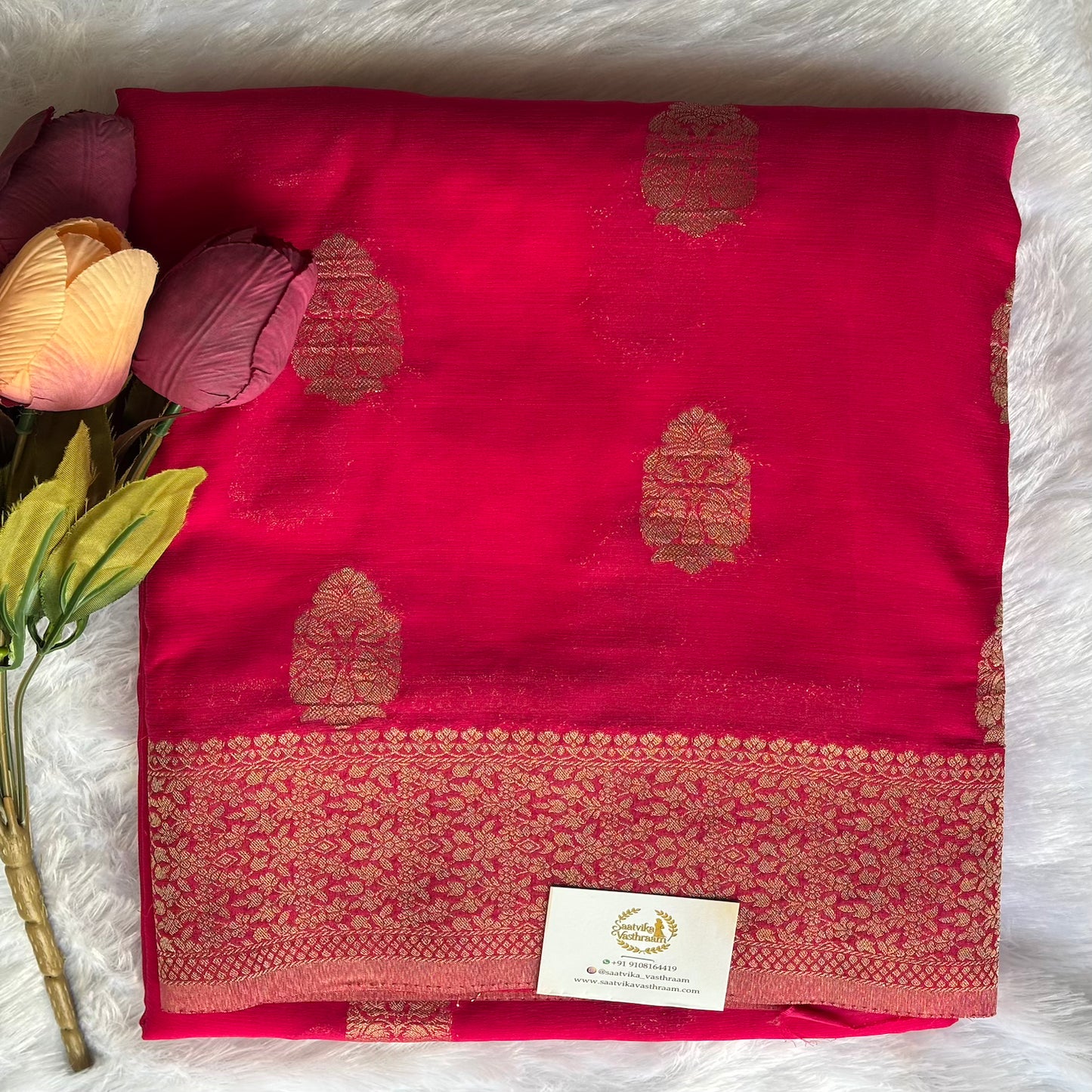 Rani Pink big butta designer soft crepe silk