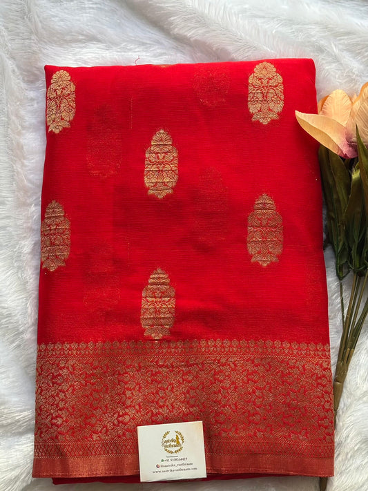 Red big butta designer soft crepe silk