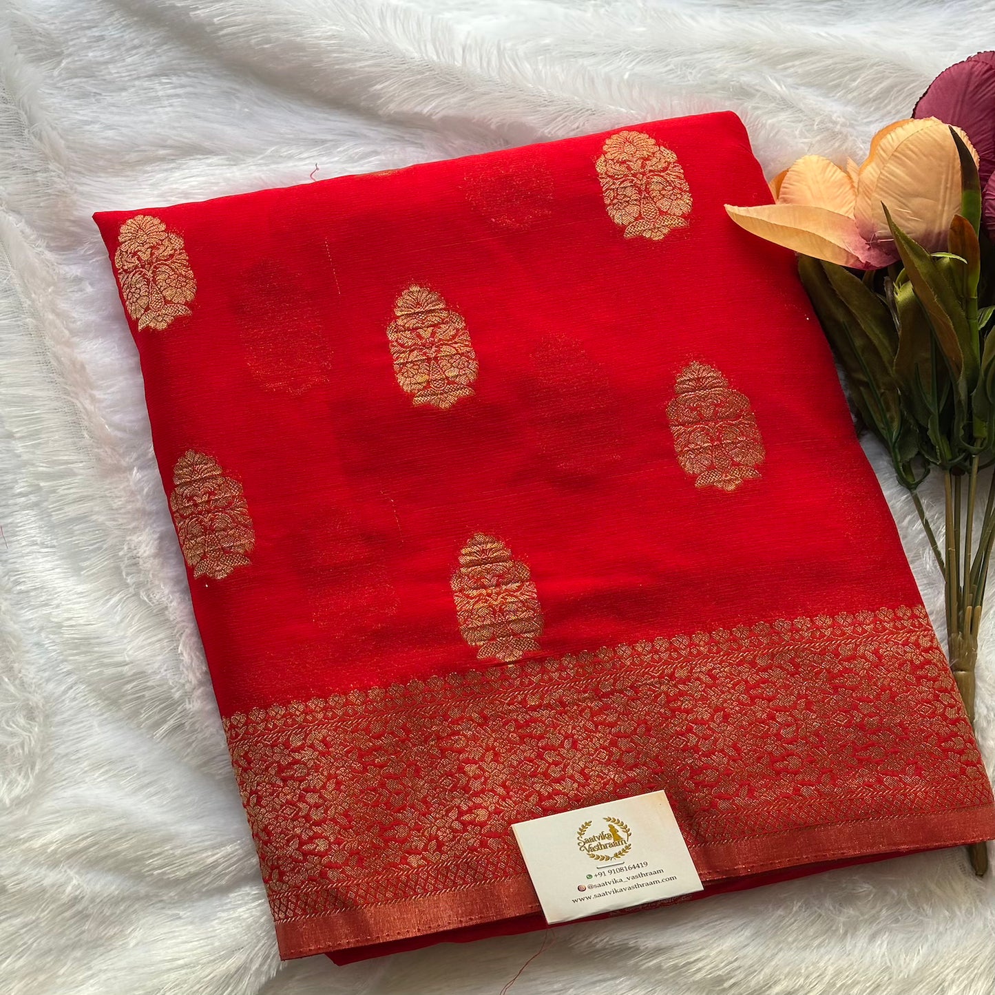 Red big butta designer soft crepe silk