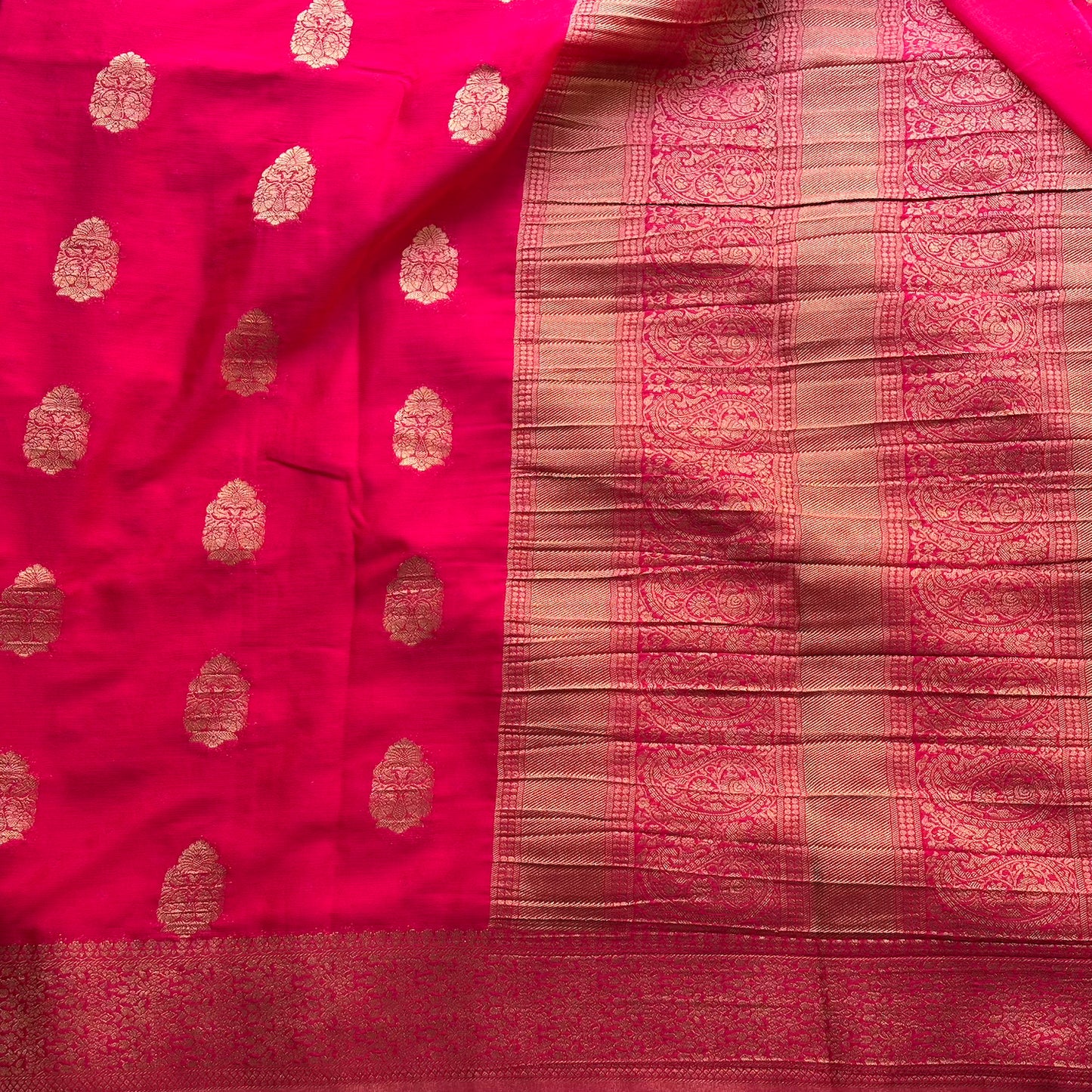 Rani Pink big butta designer soft crepe silk