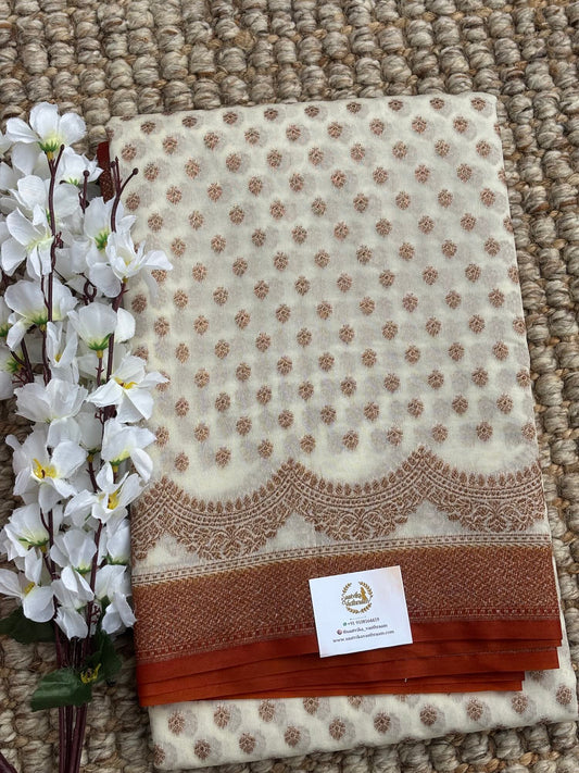 Cream with Brown Semi Chiffon Georgette Saree