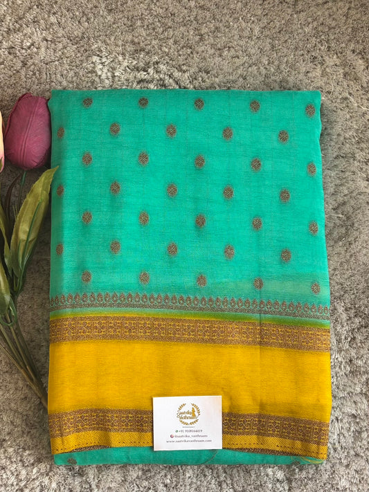 Sea Green with yellow Semi Georgette Saree