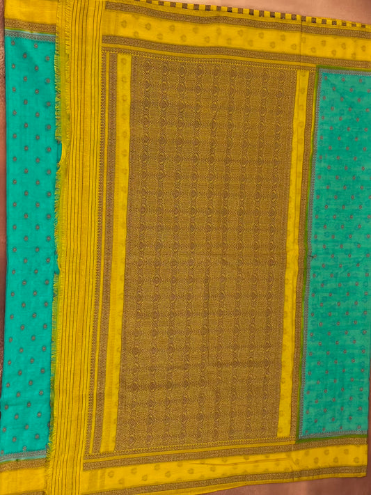 Sea Green with yellow Semi Georgette Saree