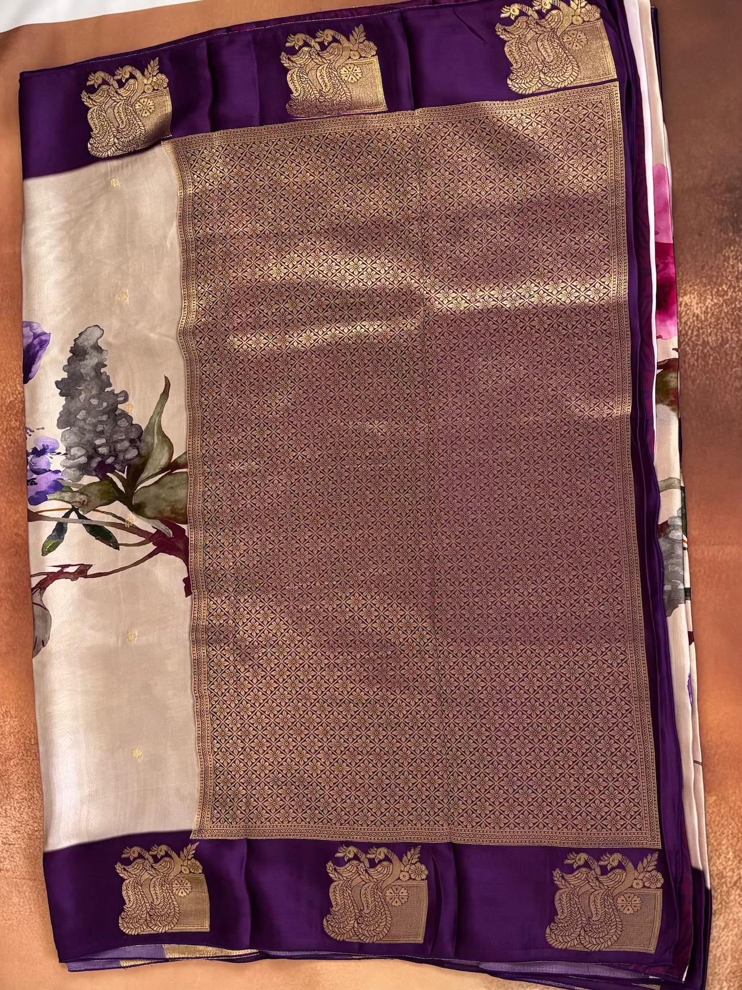 Cream Satin Digital Print Saree