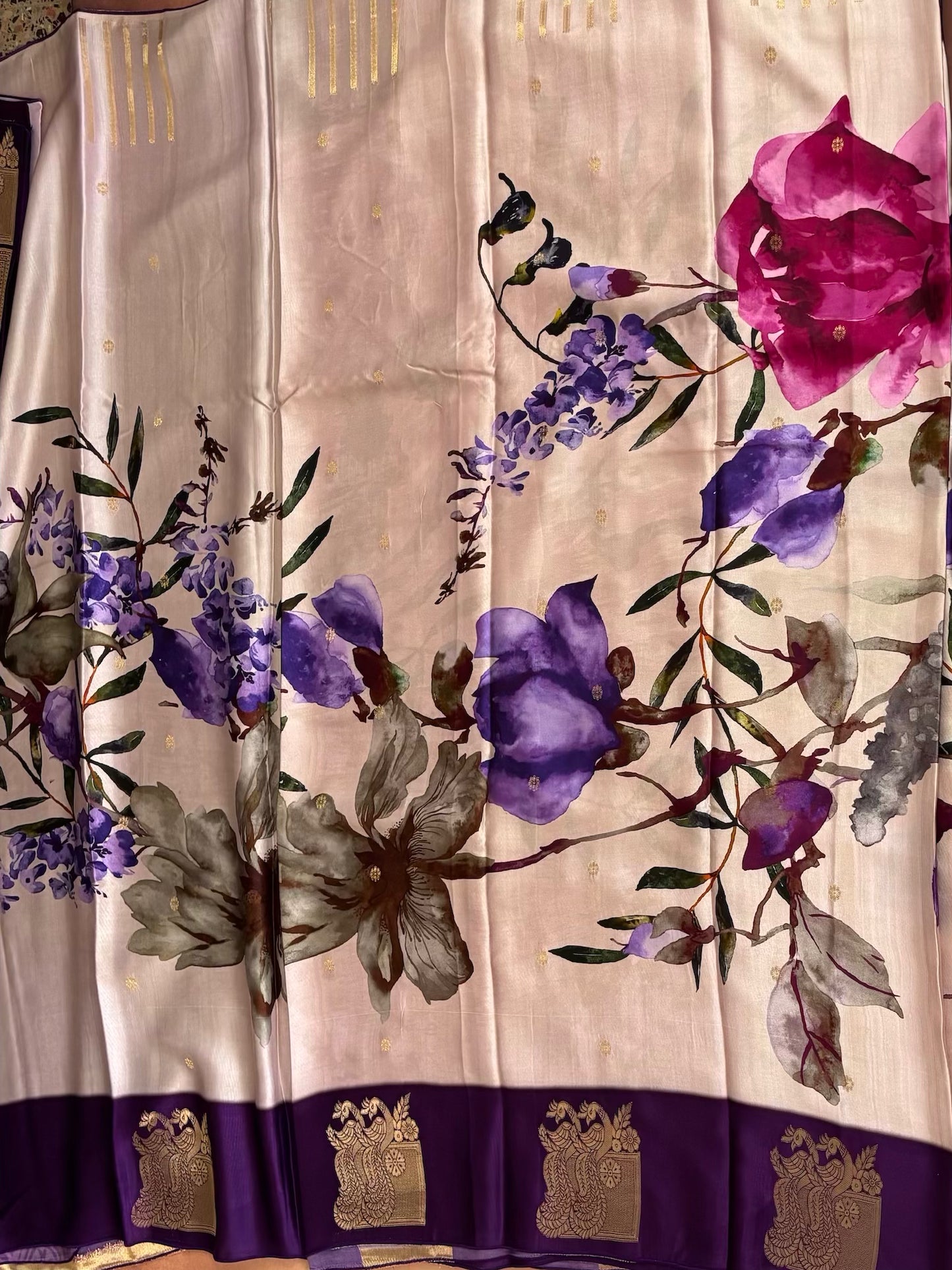 Cream Satin Digital Print Saree