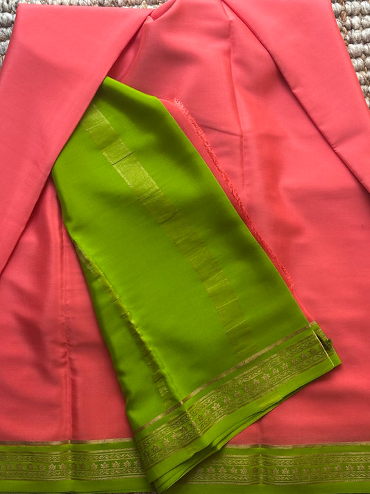 Peach n Green Mysore Crepe Silk