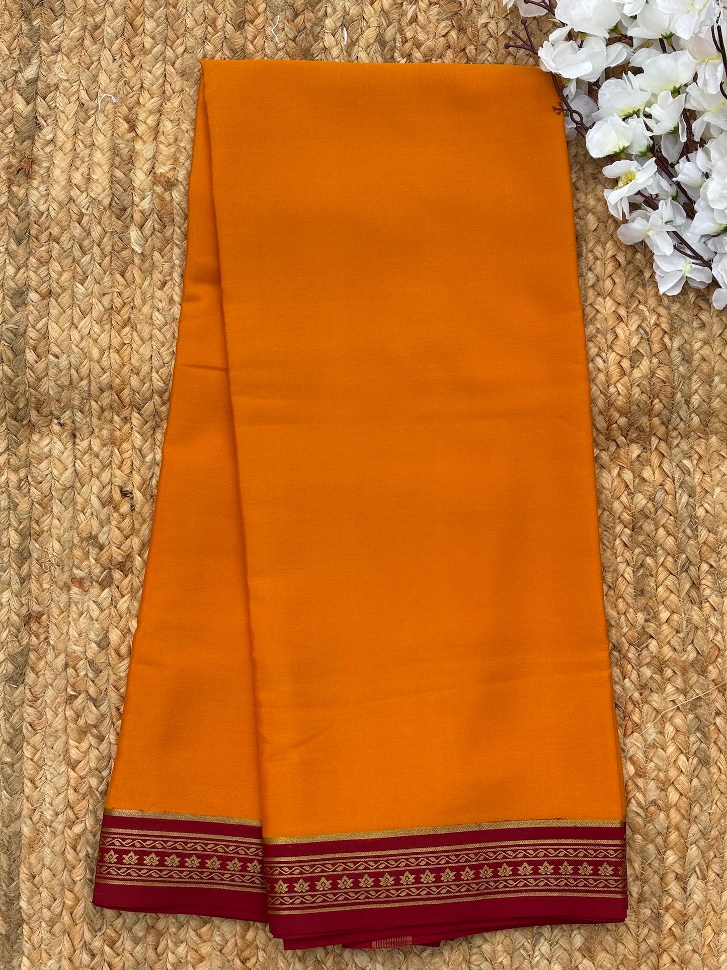 Mustered Yellow n Dark Red Mysore Crepe Silk