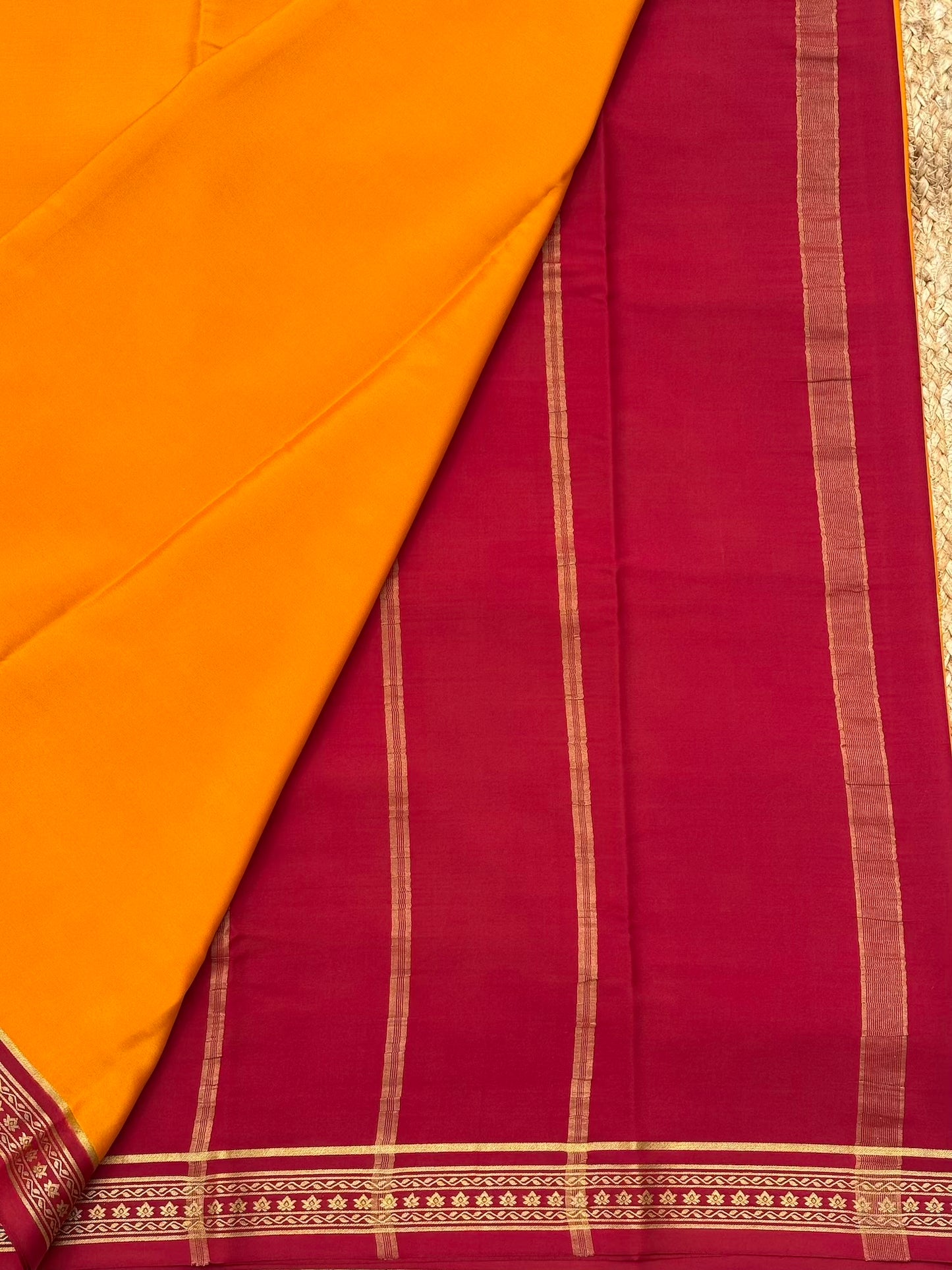 Mustered Yellow n Dark Red Mysore Crepe Silk
