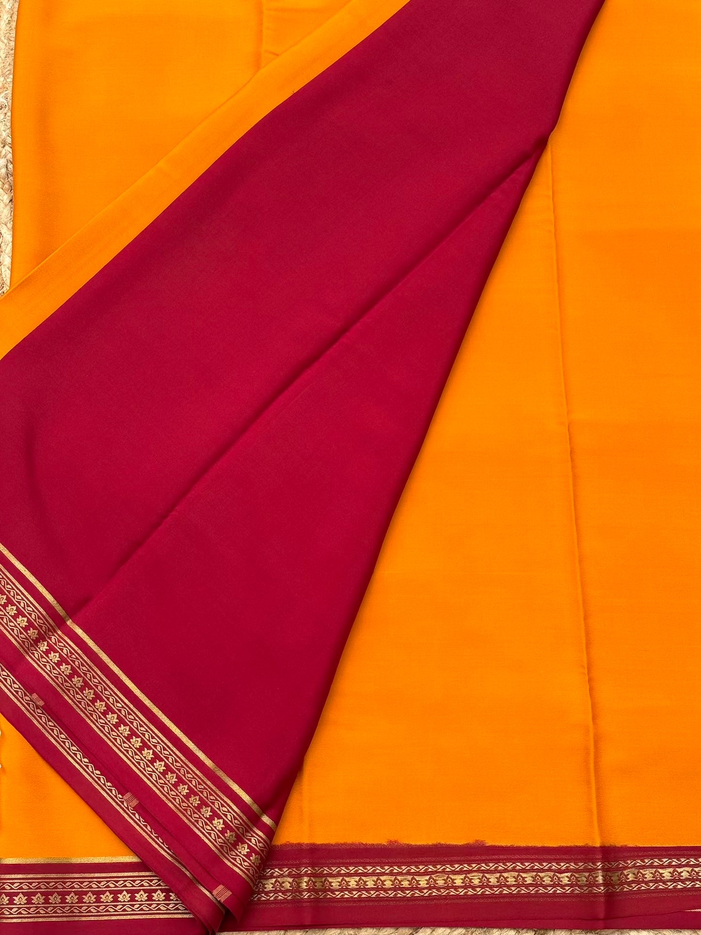 Mustered Yellow n Dark Red Mysore Crepe Silk