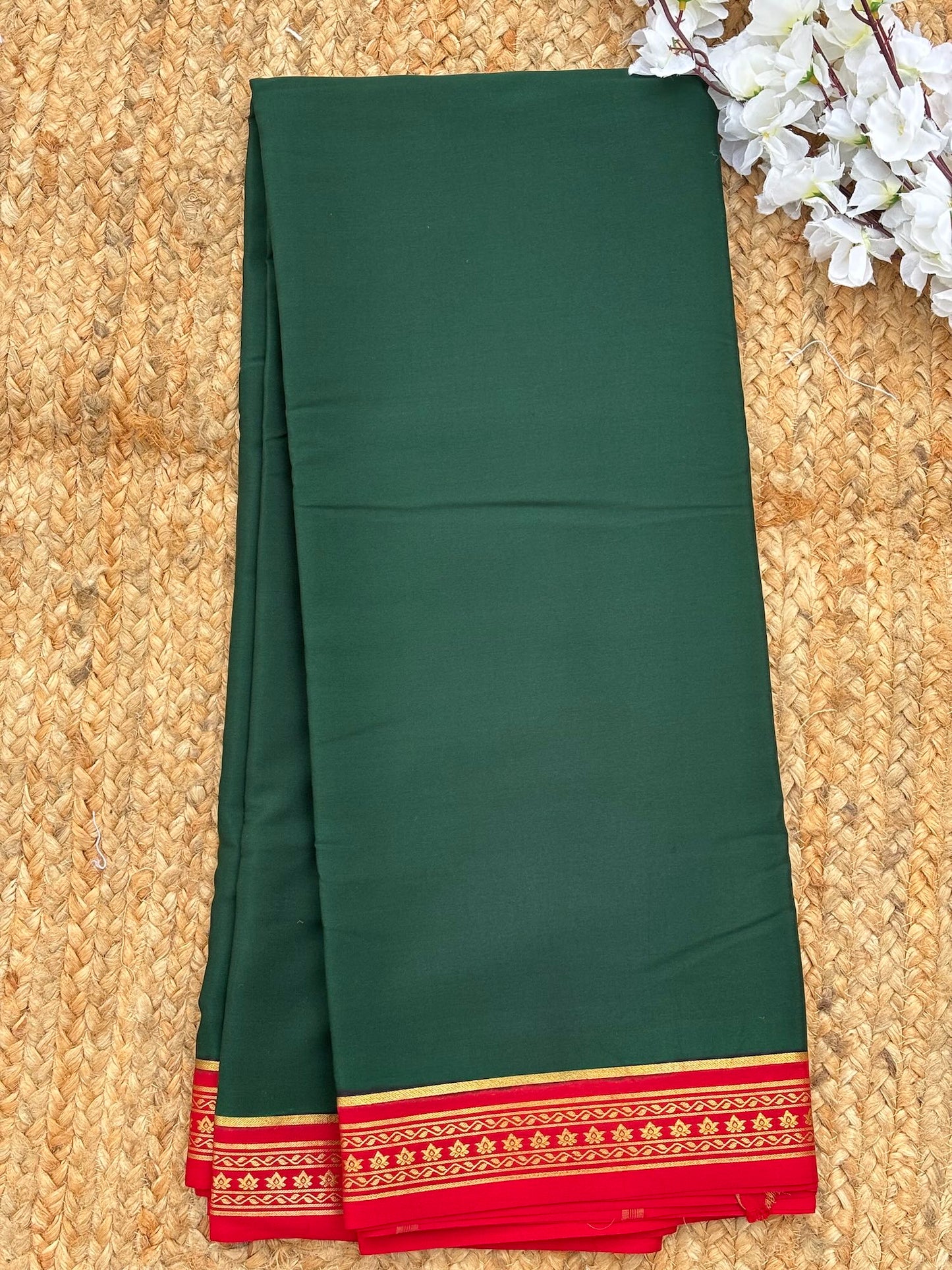 Dark Green n Red Mysore Crepe Silk