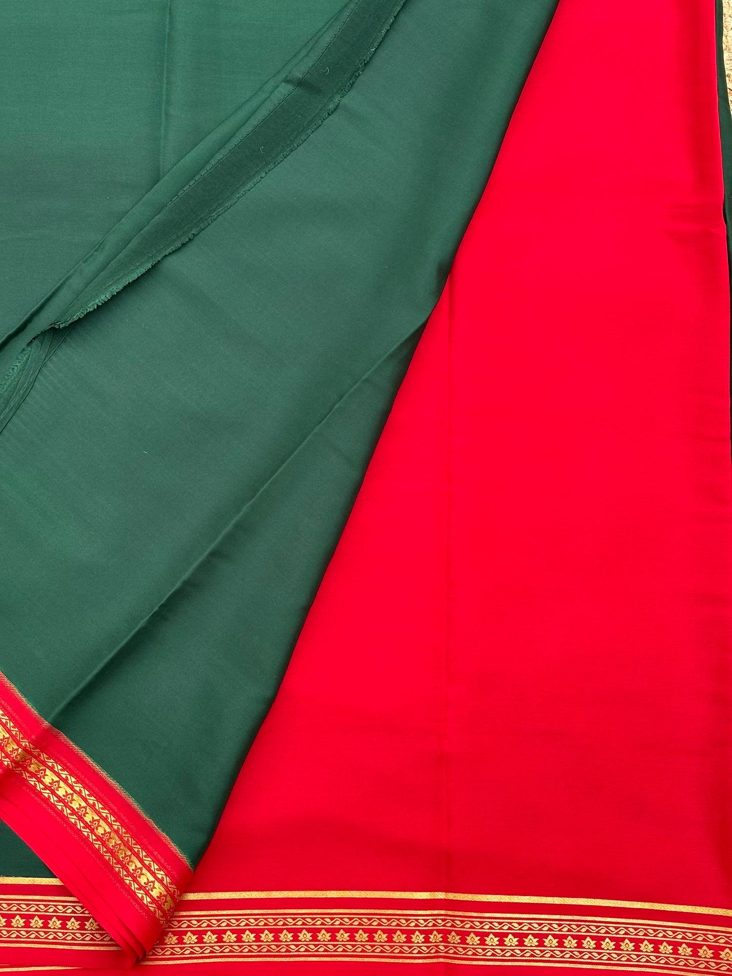 Dark Green n Red Mysore Crepe Silk