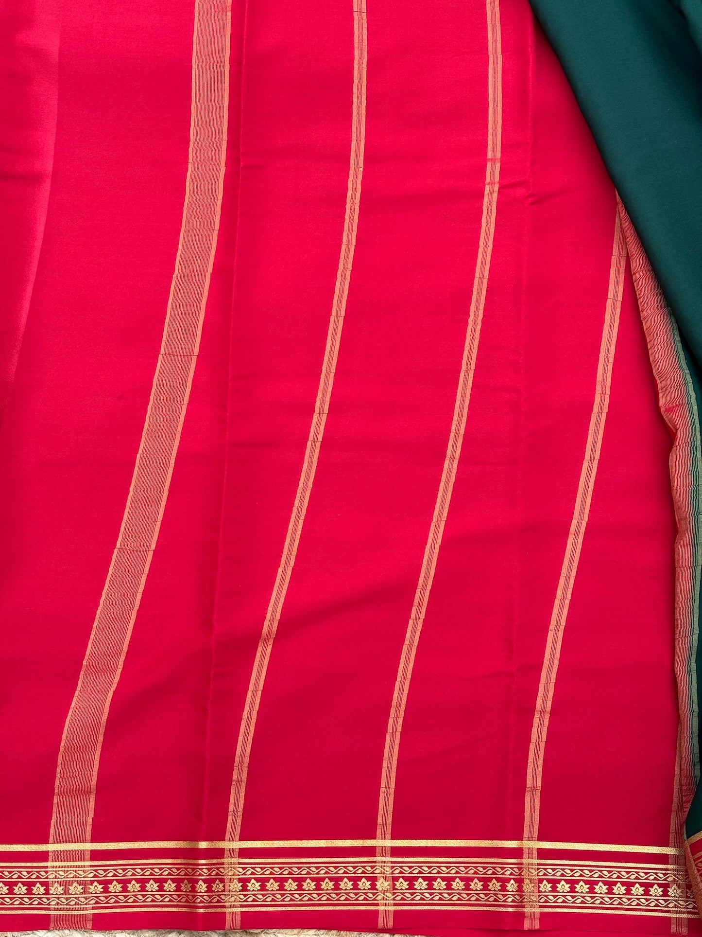 Dark Green n Red Mysore Crepe Silk
