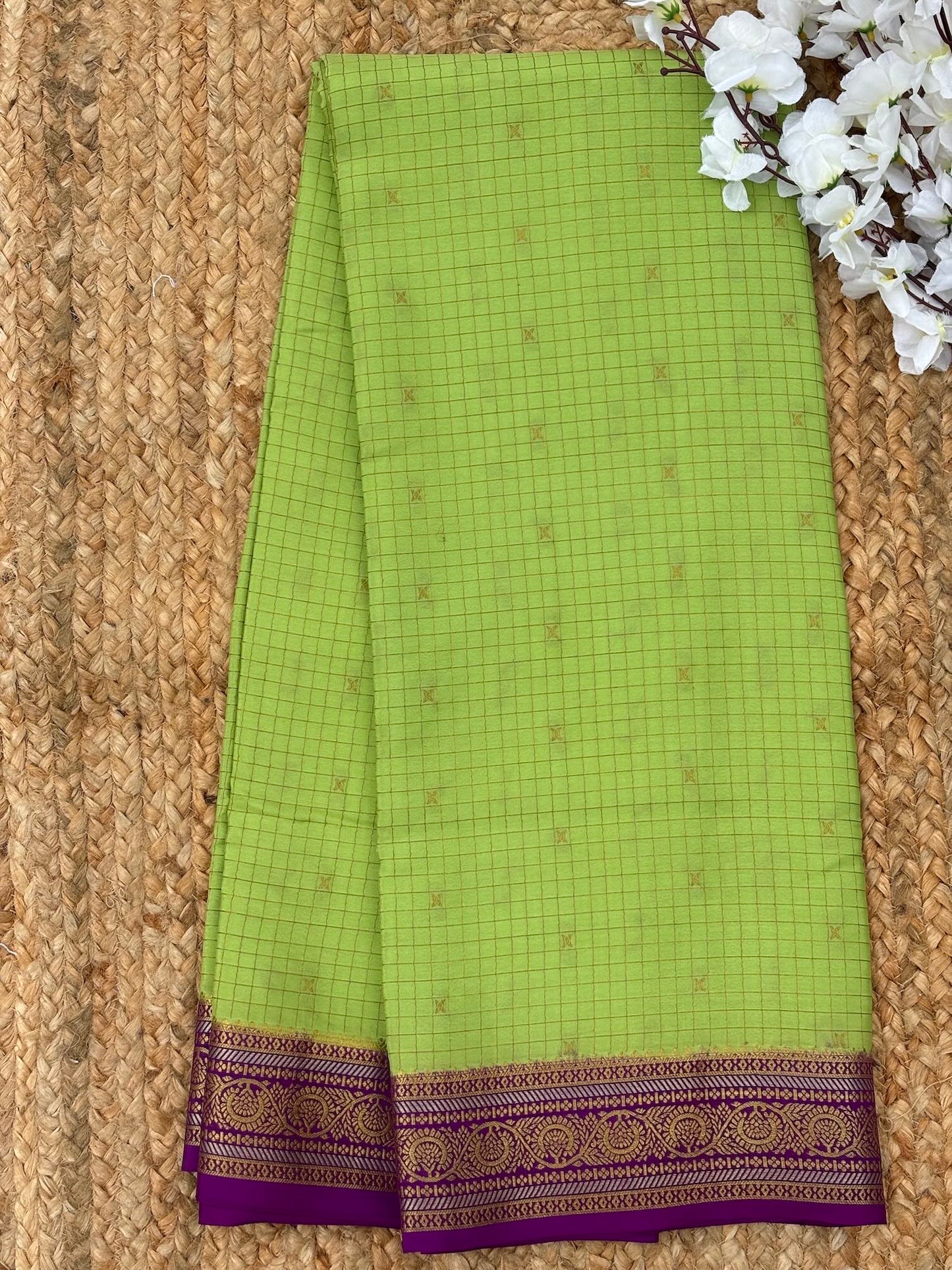 Checks Parrot Green n Royal Purple Mysore Crepe Silk