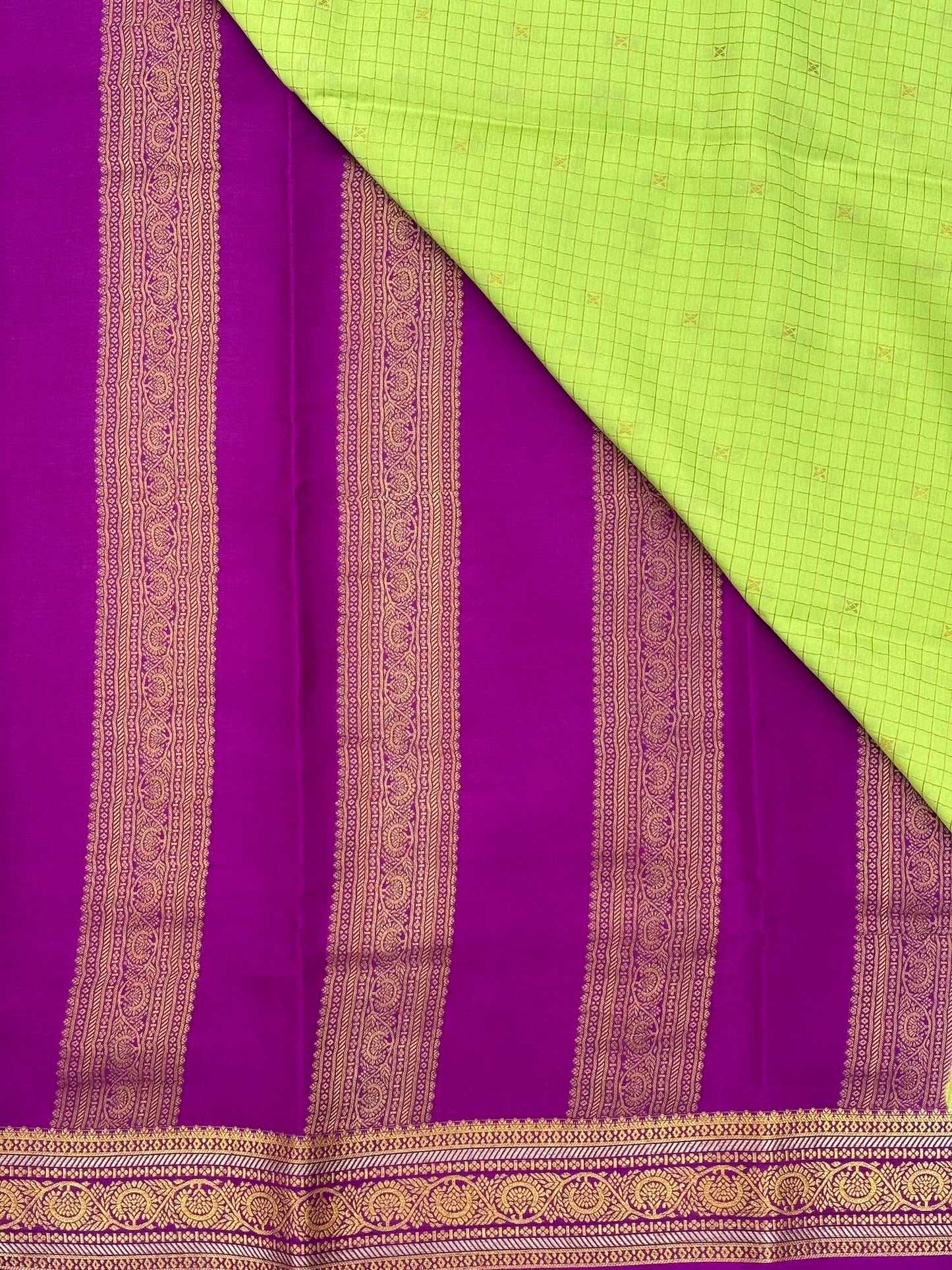 Checks Parrot Green n Royal Purple Mysore Crepe Silk