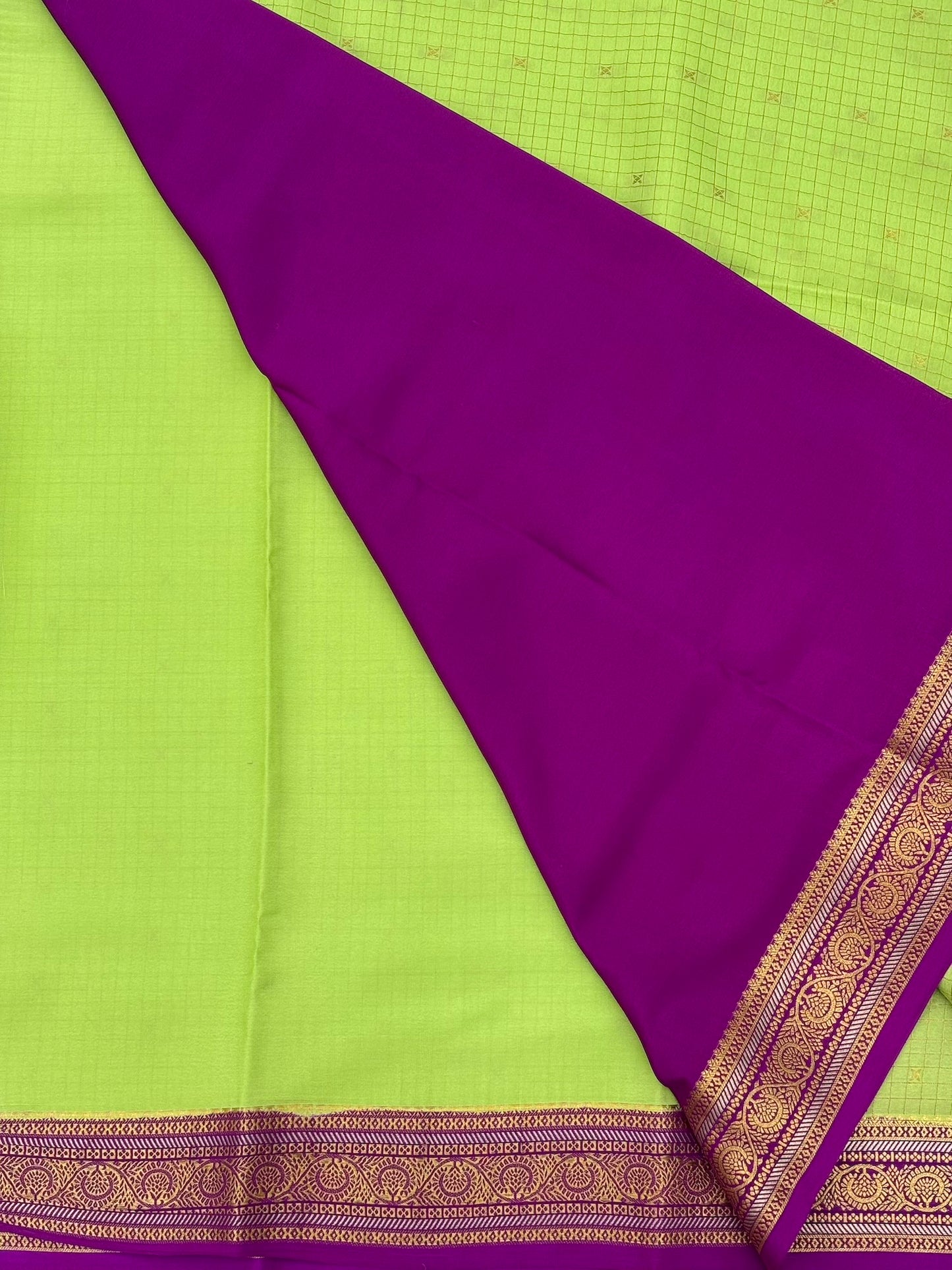 Checks Parrot Green n Royal Purple Mysore Crepe Silk