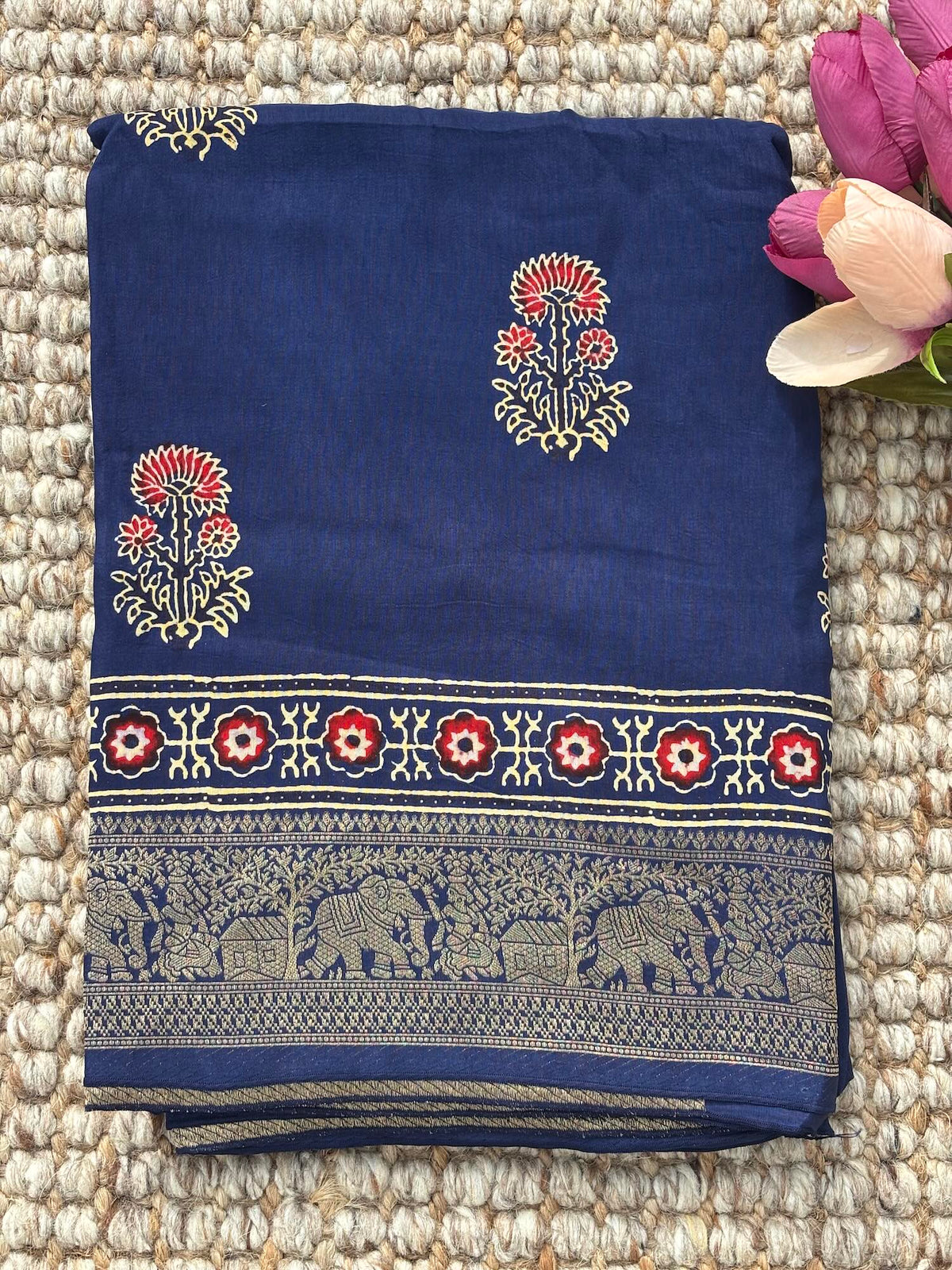 Deep Blue Ajrak Dola Silk Saree