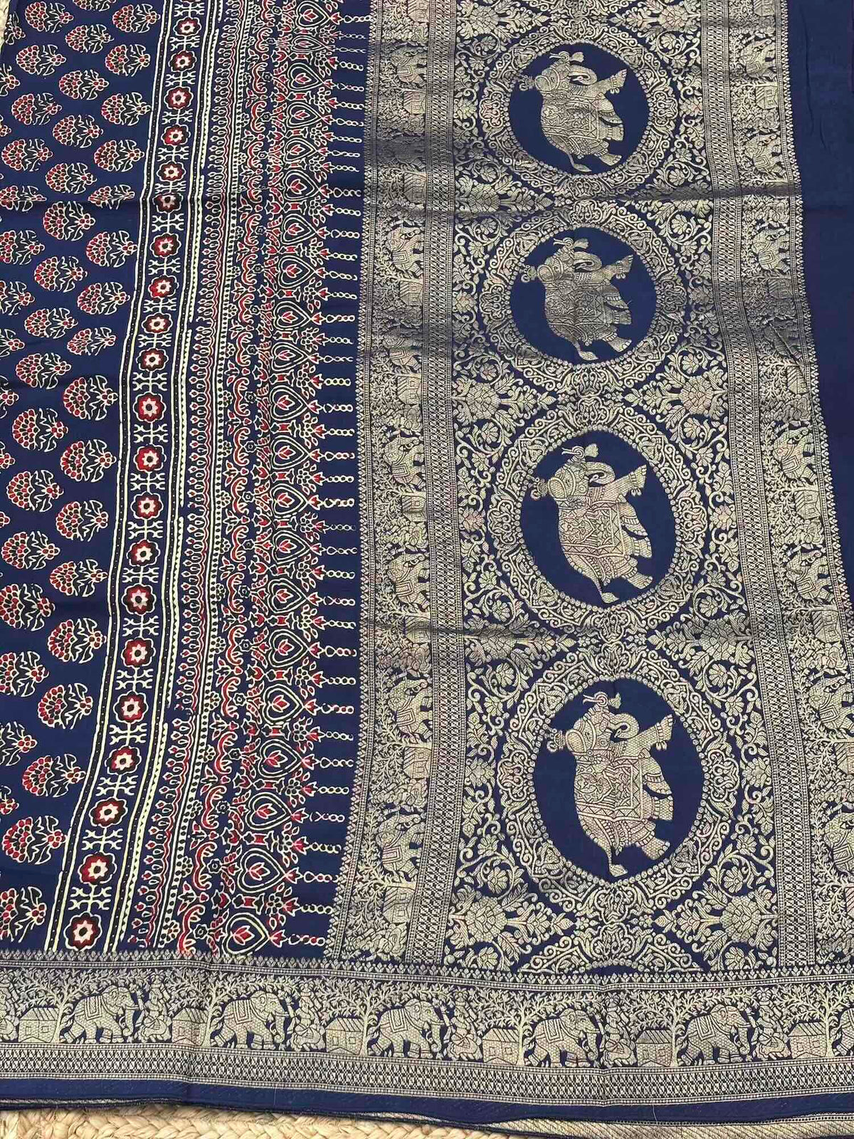 Deep Blue Ajrak Dola Silk Saree