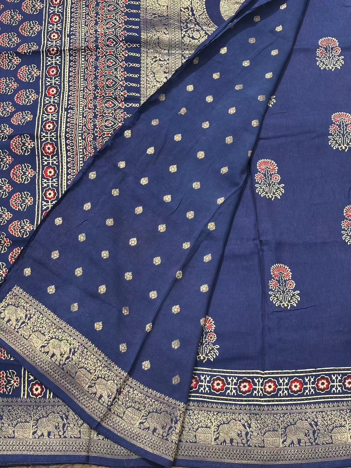 Deep Blue Ajrak Dola Silk Saree