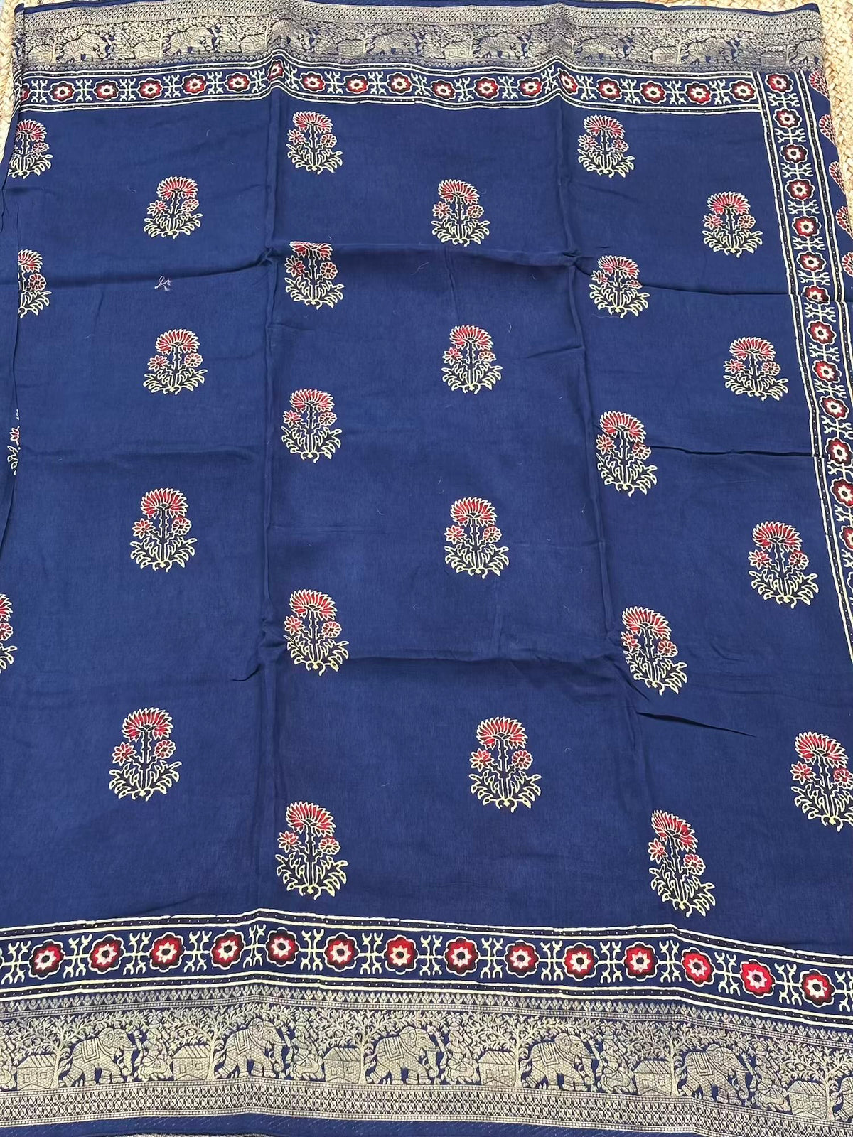 Deep Blue Ajrak Dola Silk Saree