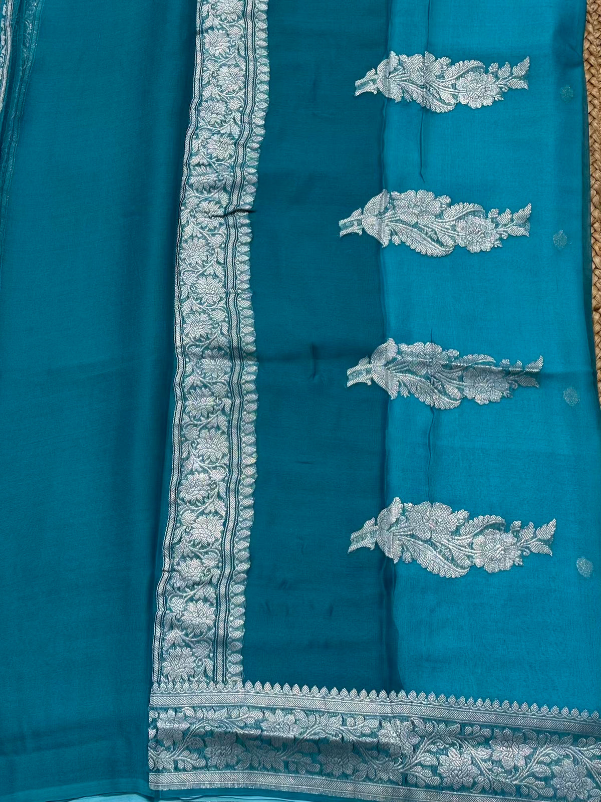Light Blue and Dark blue banarasi pure khadi chiffon