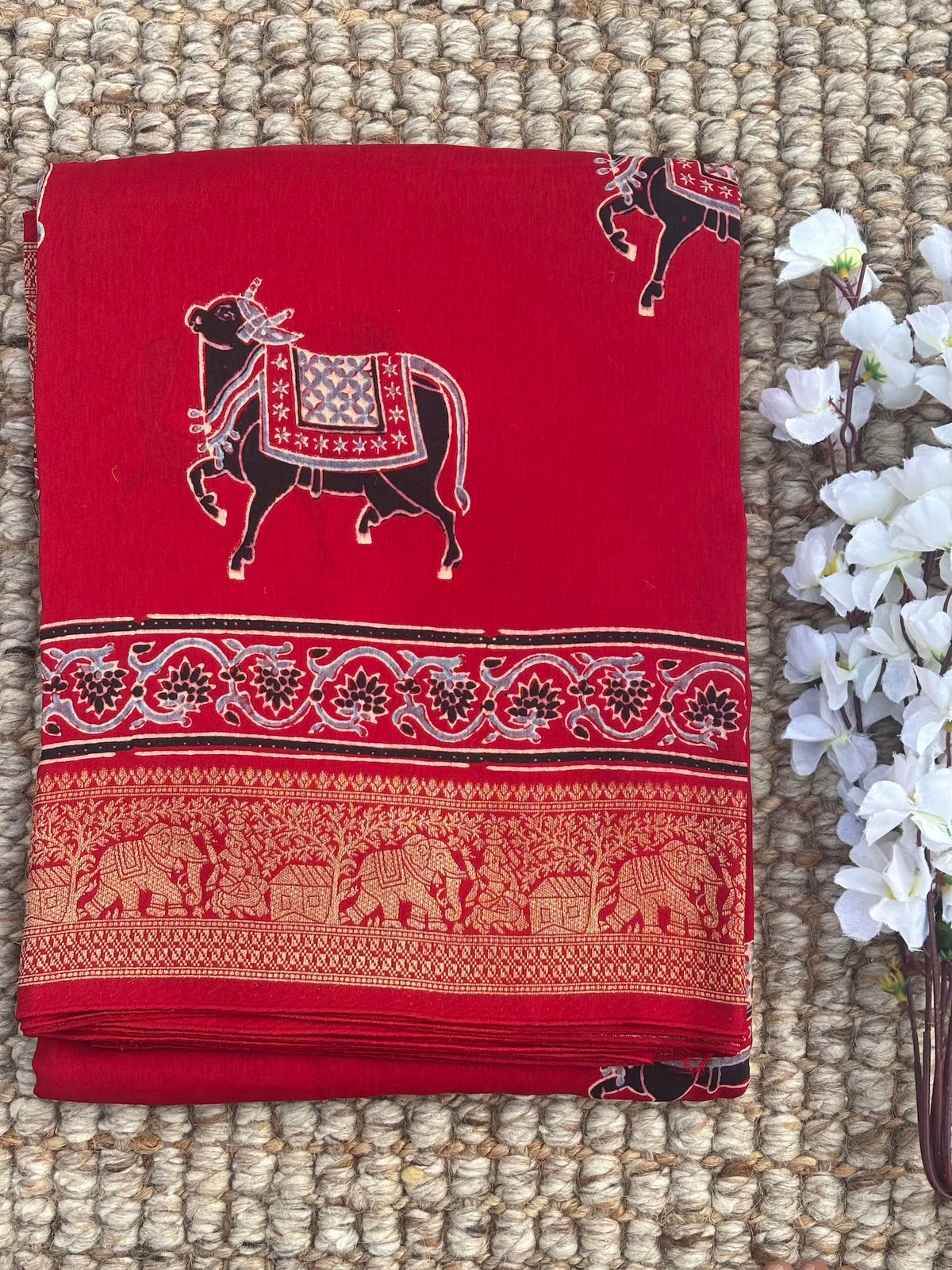 Red Cow Design Ajrak Dola Silk Saree