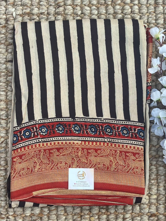 White n Black Ajrak Dola Silk Saree
