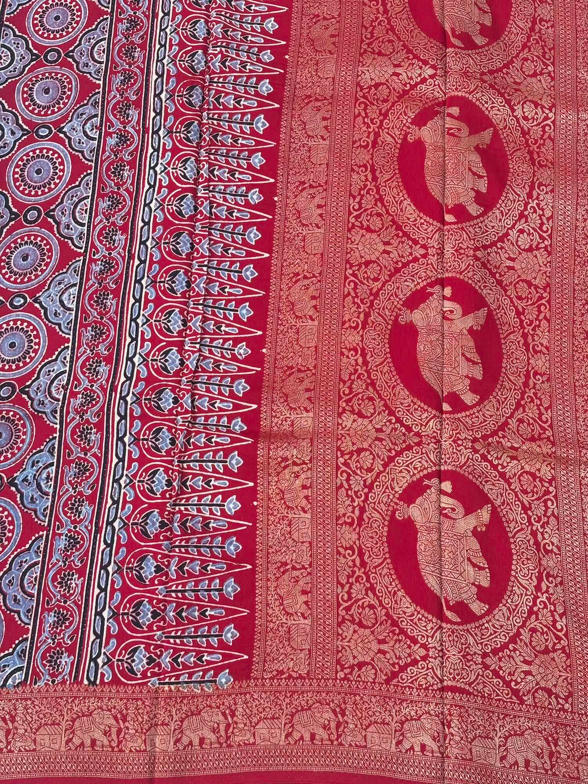 Red Cow Design Ajrak Dola Silk Saree