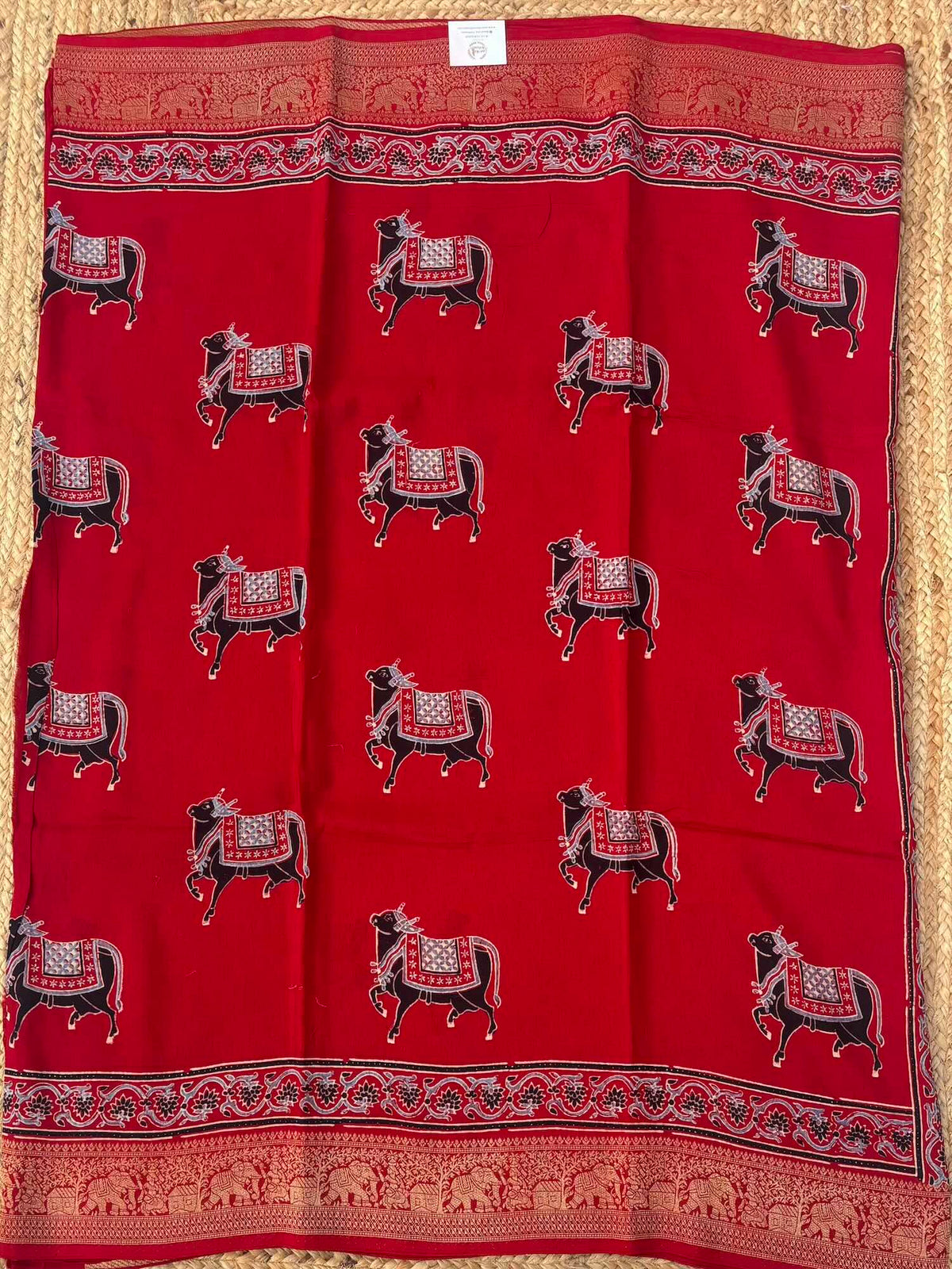 Red Cow Design Ajrak Dola Silk Saree
